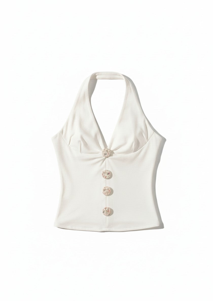  The Tresaire Halter ivory handmade halter top with floral button detail